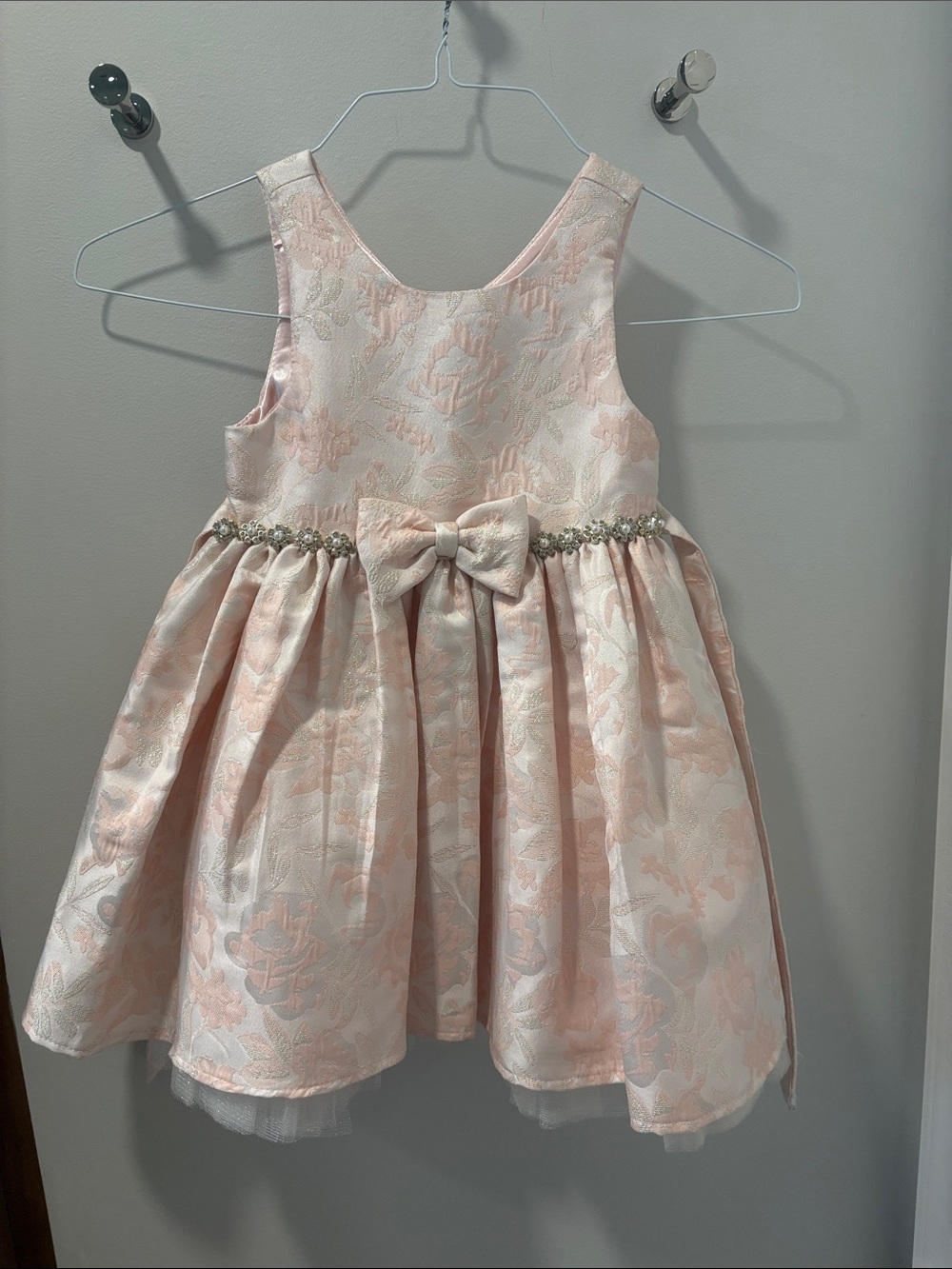 American Princess Blush Pink Floral Jacquard Party Dress with Bow